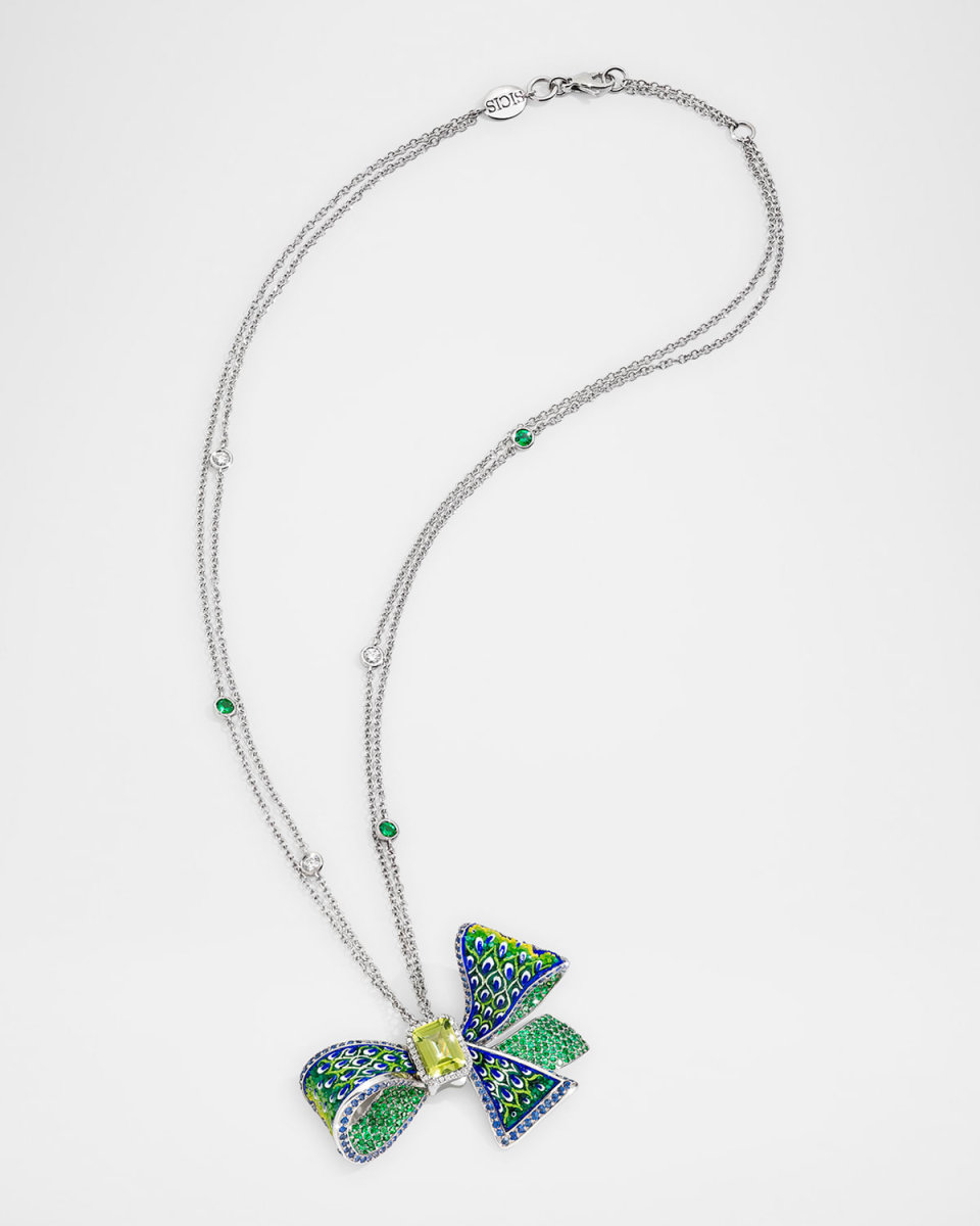 18K White Gold Green Ribbon Necklace with Micro Mosaic, Diamonds, Blue Sapphires, Peridot and Tsavorites